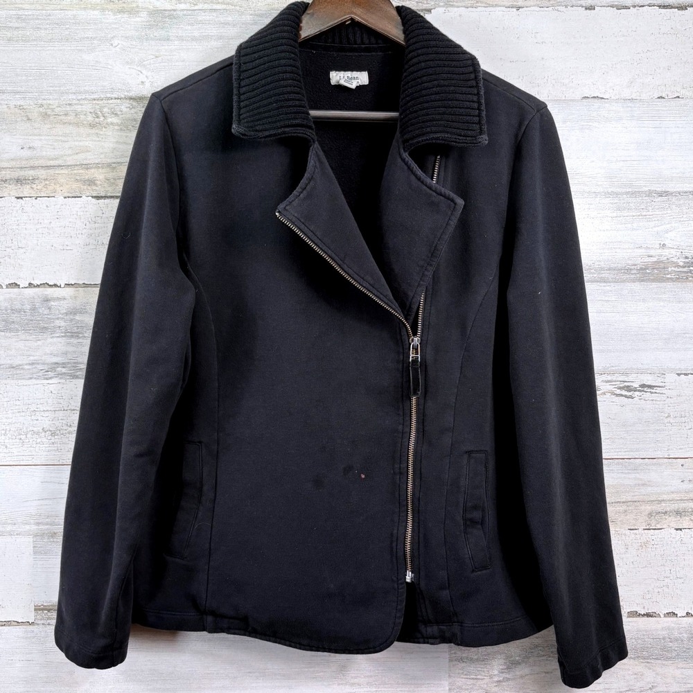 L.L. Bean Moto Sweatshirt Jacket Women XL Black Asymmetrical Zip Ribbed Collar